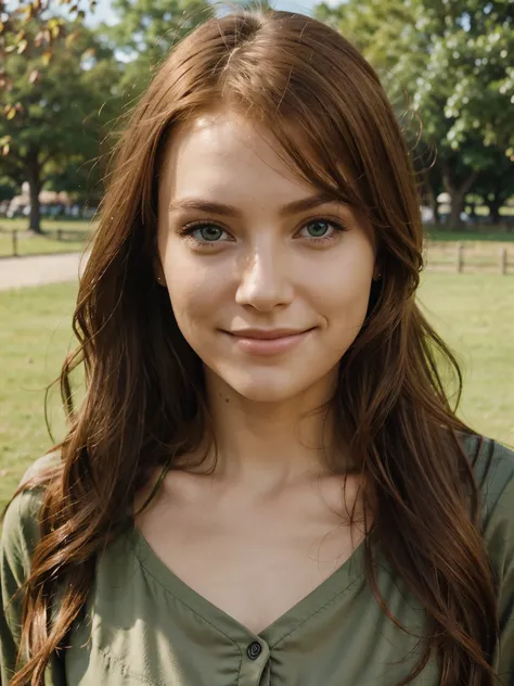 Woman, russet hair, greeneyes, skin fair, mysterious smile, extremely lifelike, with a landscape of a park behind