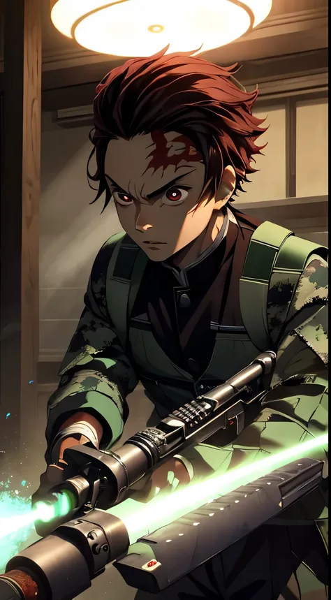 1 boy, tanjiro kamado, dark red hair, detailed face, beautiful eyes, beautiful lips, special forces uniform, black t-shirt, green armour vest, military cargo pants, detailed rifle, highly detailed, 8k, photorealistic, cinematic lighting, dramatic shadows, ...