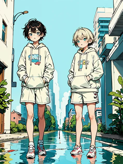 8k resolution、((Highest quality))、((masterpiece))、((Ultra-detailed))、twins、Oversized hoodie、Headphones、street、Plein Air、Rain at night、neon、Short Hair、Light-colored eyes、Put your hands in your pockets、Shorts、Water droplets fall