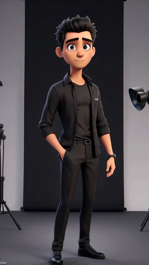 Create an men avatar, masterpiece, realistic, ultra detailed, 4K, professional shot, cinematic style, as a filmmaker holding a Sony FX-30 camera in his left hand, 1,80 mts height, not serious expression in his face, he is enjoy his work, poses confidently ...