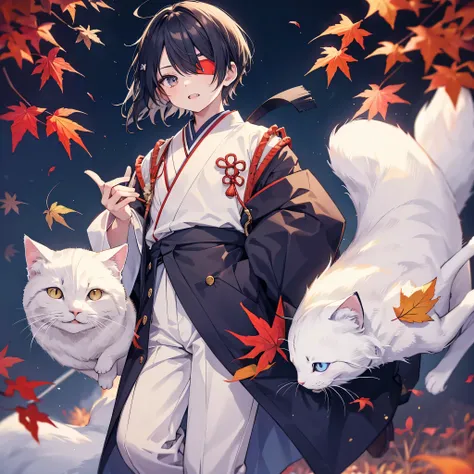 uniform　Japanese Clothing　male　autumn　anime　Eye patch　juvenile　Double teeth　Holding a white cat　