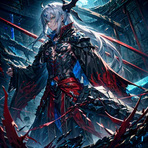 an anime man 1.80 tall (long silver hair) with (green eyes) with (a scar on his left eye) and (several tattoo on his body with a red color but the most striking is one that resembles a dragon in its back) (a black tail clothes (he wears a torn cloak and a ...