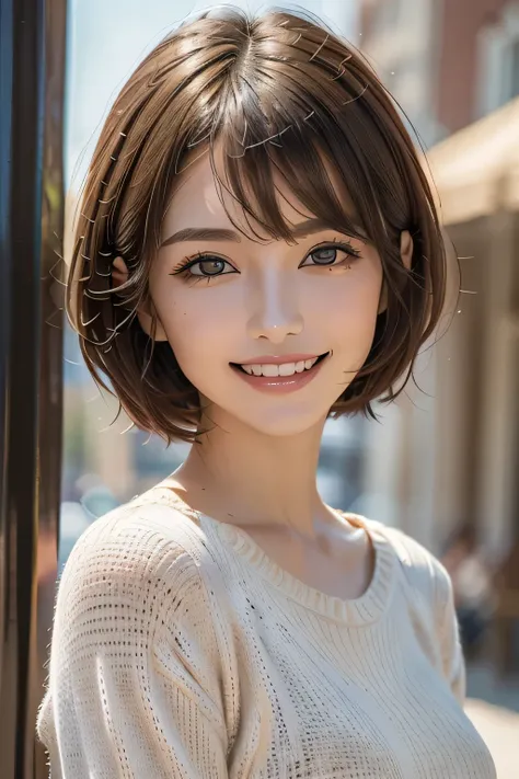 ((masterpiece)), ((Highest quality)), ((Complex)), ((Surreal)), (Realistic), (Mature Woman), ((No classes)), Very detailed, (1 female), Beautiful and exquisite, (Beautiful Teeth), Grin, Brunette bob hair, Brown eyes, ((blouse)), (Upper Body), (background:n...