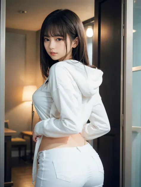 girl1人、(White hoodie and skinny jeans:1.2)、(RAW Photos、Highest quality)、(Genuine、Realistic:1.4)、masterpiece、Very delicate and beautiful、非常にdetailed、2k wallpaper、wonderful、detailed、非常にdetailed CGユニティ 8k 壁紙、非常にdetailed、High resolution、Soft Light、美しいdetailedg...