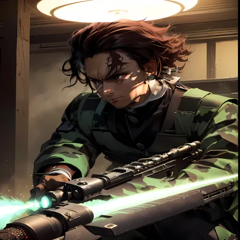 tanjiro kamado, focused, short tousled hair, military-style camo outfit, armored chest piece, futuristic rifle, action-ready pose, standing slightly crouched, looking out of frame, intense scene, indoor setting, tactical lighting from above, shadows accent...