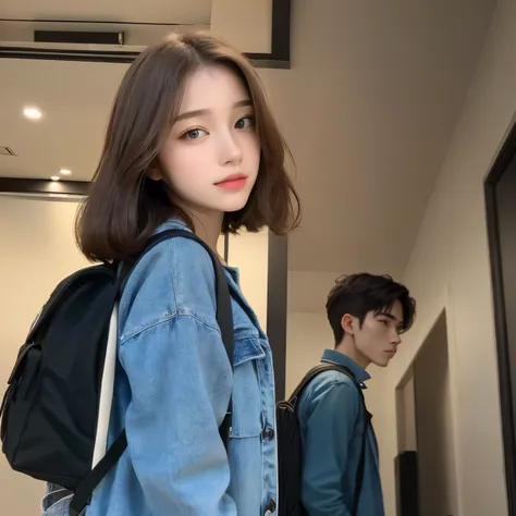 Casual pose, Straight hair, Wearing a light blue denim jacket and a black backpack. The figures are placed indoors with modern lighting, Includes recessed ceiling lighting, Providing a bright and clear atmosphere. This photo exudes a relaxed and contempora...