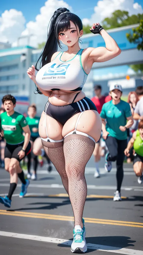 ((8k,highest quality，woman running、very tall、12th class、voluptuous woman、six-pack))、(gigantic tits，thick thighs、big hips、very lo...