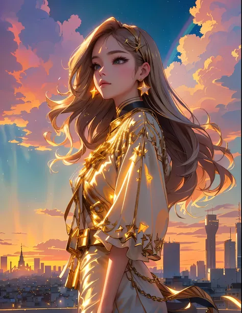 Wavy, long hair with star-shaped hair accessories, reflective metallic outfit, gold earrings. K-pop star Lisa. Standing pose, side profile looking into the distance. Smooth skin, set against a colorful, dreamy urban skyline at sunset with vibrant clouds an...