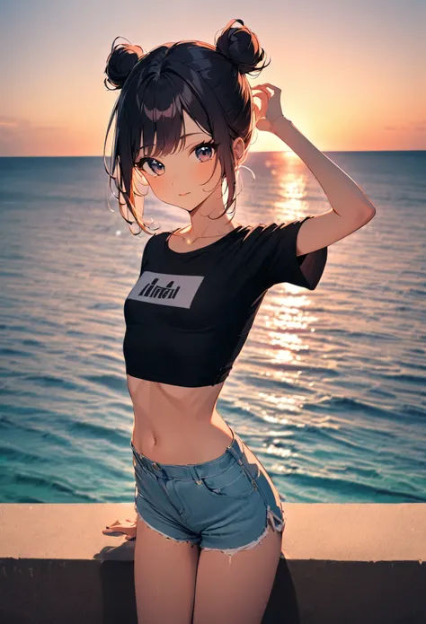 1 girl, 2 buns, flat chest, skimpy cropped t-shirt and shorts, posing, ocean view, cowboy shot, vivid colors, bokeh