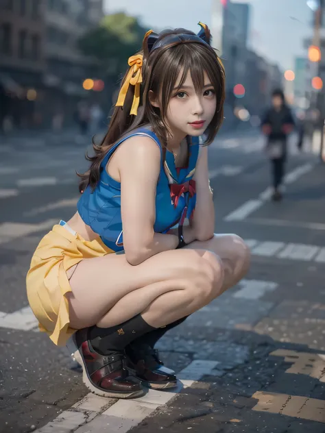 20 year old Japanese beauty，One woman、Muscular body like a bodybuilder、Emphasize the breasts、She has a yellow ribbon on her head、Slit eyes、A head-to-toe view，Bust is very very small、Wall Street in the background、High quality photos、Clear, crisp images of t...