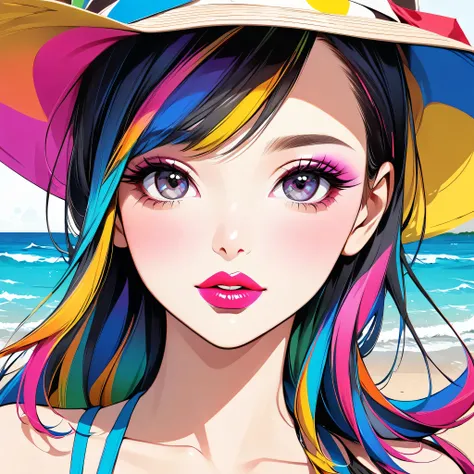 Ultra-realism Micho colorful style, Simple Line Initialism，Abstract art，(((The most beautiful girl of all time))), Sweet face. Lips in love, colorful hearts, stylish design, Summer beach fashion, Dark Eyes, colorful Graffitil