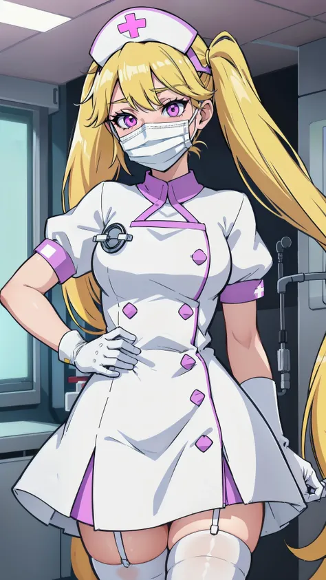 1girl, solo, nurse, nurse cap, white wear, ((white legwear, zettai ryouiki)), white gloves, twintails, yellow hair, purple eyes,...