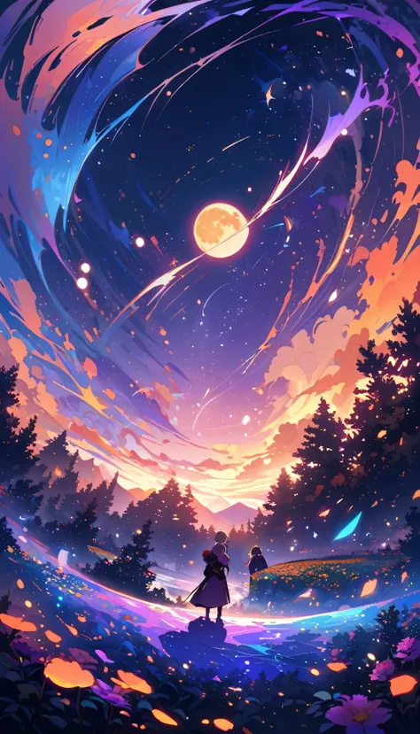 Super wide angle，sky，open rose garden，（Man and woman hugging in the wind），（full moon：0.9），（nebula：1.1），distant mountains，tree，（cold light：1.2），A mixture of purple and orange，Rich in detail，dream，Magic, 8k