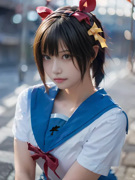 20 year old Japanese beauty，One woman、Muscular body like a bodybuilder、Emphasize the breasts、She has a yellow ribbon on her head、Slit eyes、A head-to-toe view，Bust is very very small、The background is Kita High School、High quality photos、Clear, crisp images...