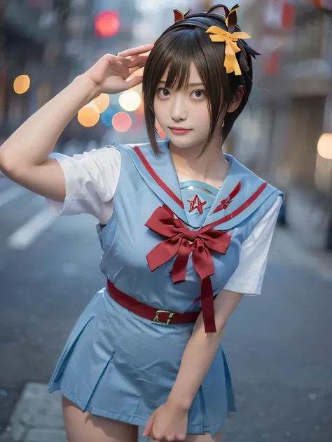 20 year old Japanese beauty，One woman、Muscular body like a bodybuilder、Emphasize the breasts、She has a yellow ribbon on her head、Slit eyes、A head-to-toe view，Bust is very very large、The background is a love hotel、High quality photos、Clear, crisp images of ...