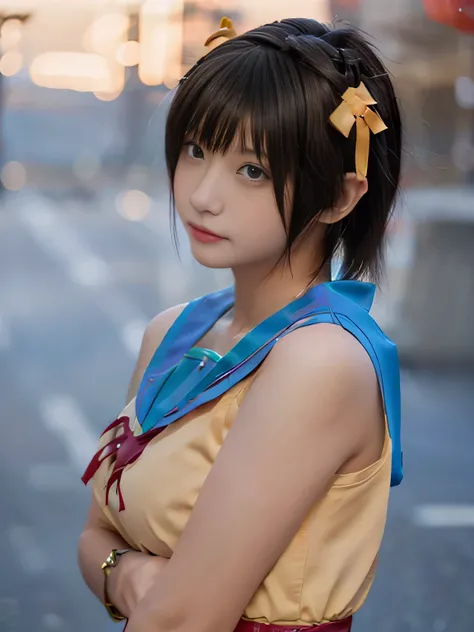 20 year old Japanese beauty，One woman、Muscular body like a bodybuilder、Emphasize the breasts、She has a yellow ribbon on her head、Slit eyes、A head-to-toe view，Bust is very very large、The background is a love hotel、High quality photos、Clear, crisp images of ...