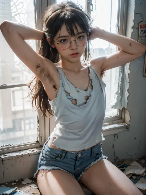 raw photo, 8k, (top-quality), Realistic, (real picture, Intricate details), (natural skin texture, detailed skin, hyper realism, sharpness), Japanese teenage glasses girl sitting, (hands behind head, armpits exposed), ((dirty tattered white tank-top, dirty...