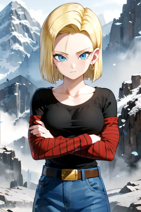 Android 18, 1girl, android 18, solo, blonde hair, blue eyes, short hair, mountain, crossed arms, belt, denim skirt, earrings, (long white sleeves:1.3), jewelry, looking at viewer, standing, shirt, blue skirt, collarbone, black shirt, denim, striped sleeves...