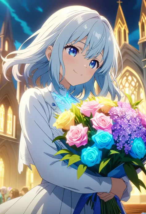 Masterpiece, highest quality, highly detailed CG Unity 8k wallpaper, one girl, anime screenshot, holding a bouquet of flowers glowing in colorful neon colors, best smile, church in the background, depth of field