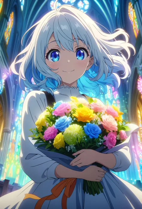 masterpiece, highest quality, highly detailed cg unity 8k wallpaper, one girl, anime screenshot, holding a bouquet of flowers gl...