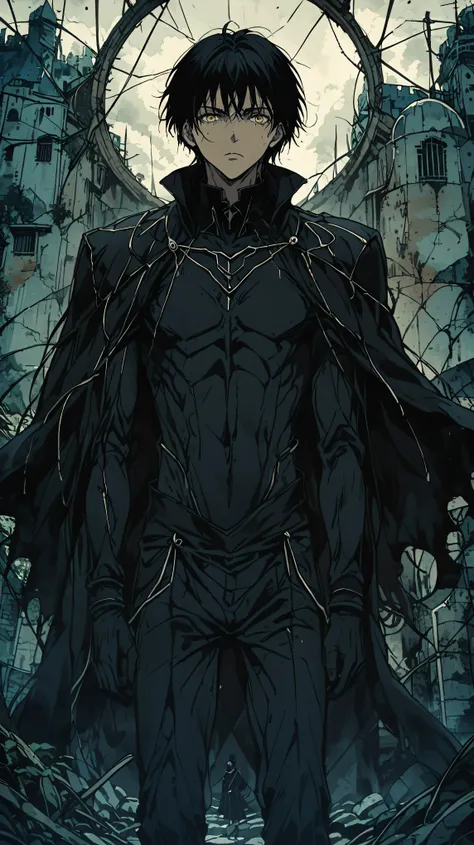 homen,dark skin yellow eyes , armadura negra de fully body,with black hair on the shoulders torn black cape,Black gloves , cabelos longos e negros, fully body, castle ,dark