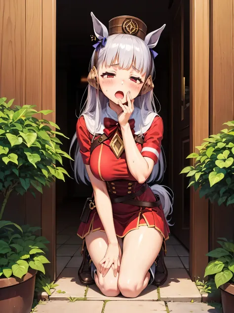 Dark color depiction、、Kindergarteners、、、child、childの小さな体、(masterpiece, Highest quality:1.2), alone, One girl, umpd gold ship, pillbox hat, Red dress,No sleeve,skirt, boots, Horse tail, blush、in the forest、Pussy、Thick white love juice、Drip a large amount of...