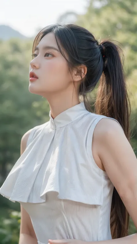 masterpiece, best quality, ultra-realistic, a young woman, (medium big breast), Korean idol, heart-shaped face, large almond eyes, silky black hair tied in a neat ponytail, small rosy lips, white dress, capelet, dark alpine forest, standing, night, looking...