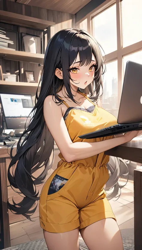 (masterpiece, highest quality, Highest image quality, High resolution, photorealistic, Raw photo, 8k:1.27)), (Extremely detailed CG unified 8k wallpaper:1.27), 1 girl, engineer, (She is wearing a yellow and navy jumpsuit, She is wearing a camisole with the...