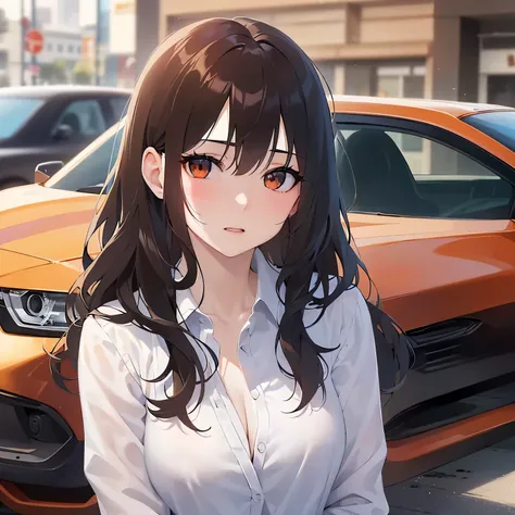 Upper Body, Realistic, real person, (pale skin: 1.2), RAW photo, photorealistic, shiny skin, shiny hair、
(A 2 woman with medium-length hair and bangs) and (wavy hair) and (brown hair) and (orange eyes) ,
（white collared shirts）,
Cleavage,blush,
car、（alone:...