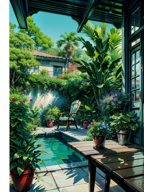 A painting of a terrace with a table, Chair, and potted plants, Beautiful terrace, cute style garden, Florist, Beautiful House, There are colorful flowers and plants, Beautiful Garden, Green Terrace, Lush and chic garden, Lush Outdoors, outdoor design, Win...