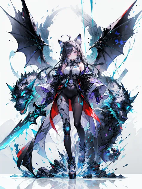 Engineering Drawings, Thin line pen drawing, dark, Futuristic silhouette of a black dragon cyborg girl, whole body, Long flowing coat, Wields a giant greatsword with a mechanical blade, Standing on a reflective surface against a minimalist light grey backg...