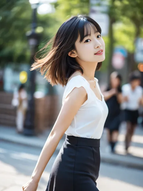 photorealistic, extremely delicate and beautiful, ultra-detailed, (best quality, 8k, 32k, masterpiece, UHD:1.2), Photo of 27yo pretty Japanese gravure idol walking in Japanese street, SIGMA 35 mm F/5.6, ISO 200, casual one-piece dress, mini skirt, short sl...