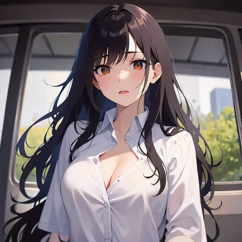 Upper Body, Realistic, real person, (pale skin: 1.2), RAW photo, photorealistic, shiny skin, shiny hair、
(A 2 woman with medium-length hair and bangs) and (wavy hair) and (brown hair) and (orange eyes) ,
（white collared shirts）,
Cleavage,blush,
car、駐car場、（...