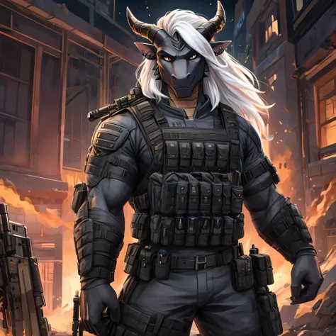 Anthro dragon with black scales, muscular body. long white hair. two horns with multiple jewelry piercings. 9.3 ft tall. I am secret operative of FSB. I wear black tactical outfit with the tactical chest plate carrier there is a load-bearing device, and on...