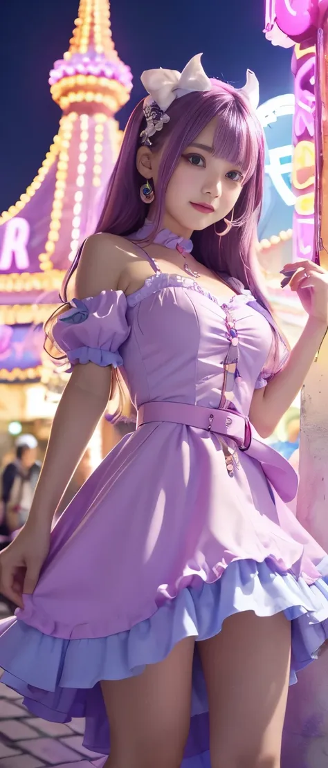 Fairytale Nightmare Idol Girl、whole body、Good style、、、、、、、、、、Thick legs、、、Monster tight dress（Pastel purple and pink）、Neat and clean girls face、、、、Glowing monsters、Fantastic Belt、Amusement park at night