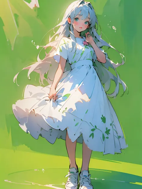 (Green background:1.3),(Blurred background:1.3),(Highly detailed:1.3),(Hard light,Studio light,Light rays,Dappled light,Reflections,Shadows,Ray tracing:1.0),(Rough sketch:1.5),(2D:1.3),Cute girl,Green background,Anime illustration,Realistic,Watercolor styl...