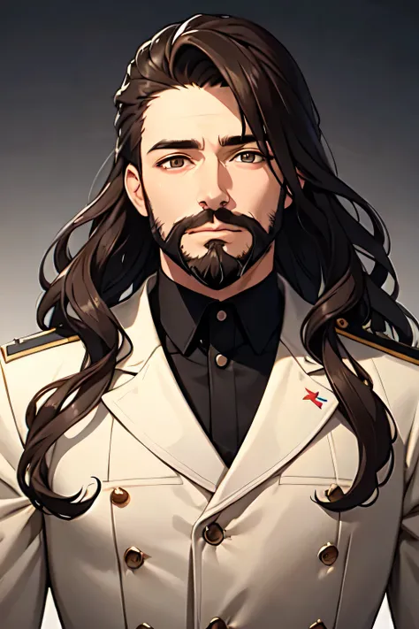 Military physical appearance , long wavy brown hair, eyes black, brown skinned, full beard 
