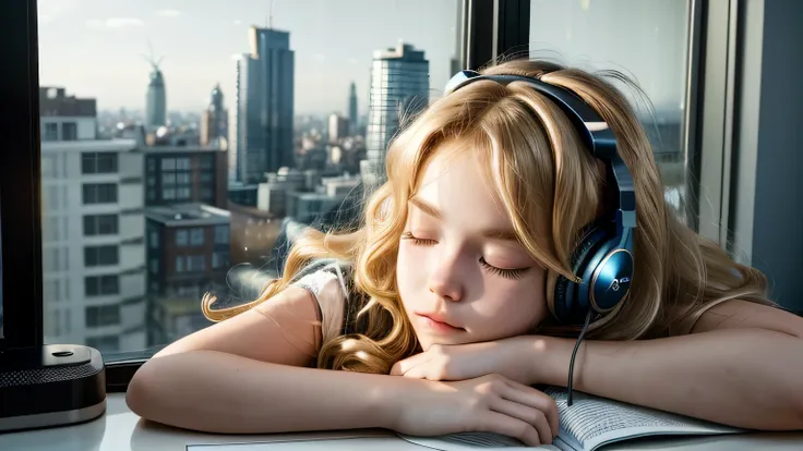 1 girl, computer, studying, listening to music with headphones,Wavy blonde hair,catboy, siames, sleeping, window with city in the background, American Girl