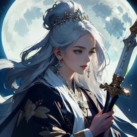 Wearing traditional robes with floral patterns, A woman posing with a sword against the backdrop of a bright full moon. She has been a long time, Silver hair elegantly styled with floral and metallic embellishments. Her accessories include、Includes danglin...