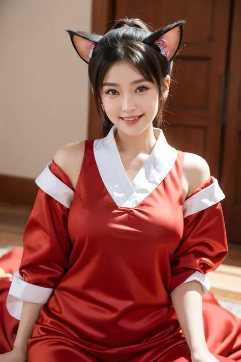 Chun-Lis face Cat ears Red china clothes Sitting and smiling Anime style  