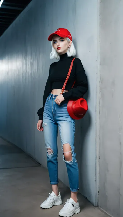 Very beautiful 1 girl, with white hair up and white skin and blue eyes with wide jeans full body  streetwear, skinny jeans, slingbag, red hat, face to camera, wall background, dim light, matte color, 35mm, hands down, professional model, influencer, luxury...