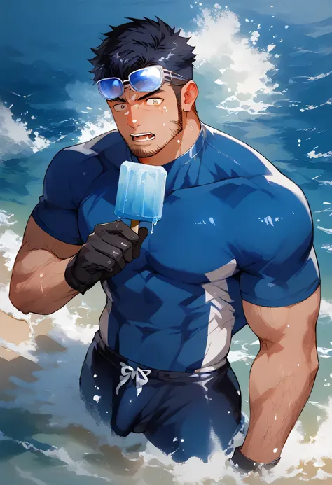 score_9, score_8_up, score_7_up, source_anime, rating_explicit, water, black hair, short hair, sideburns, facial hair, beard, stubble, 1boy, male focus, , beach shorts, wide eyed, in water, holding popsicle, outdoor beach, sea waves, hands with five finger...