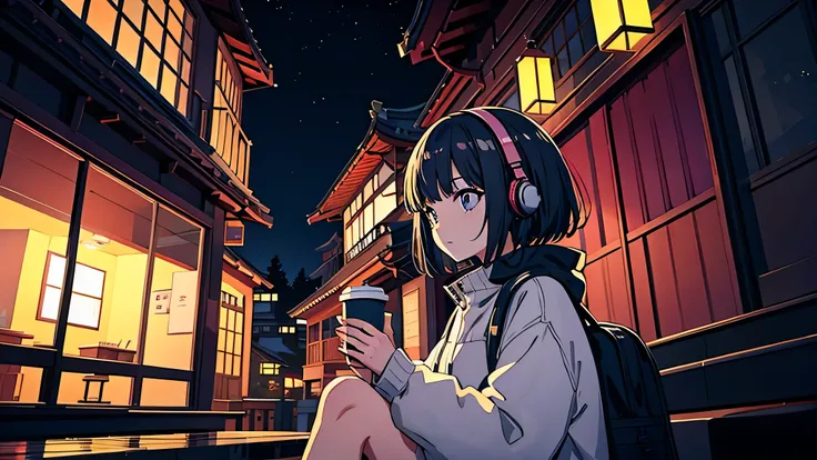 Girl drinking hot coffee while listening to jazz music on headphones, Watching the night sky from the balcony, alone, Lofty Girl, Lo-fi art style, Lofty Girl aesthetic, By Ghailan, Anime aesthetics, relaxed mood, Lo-fi illustration style、I want you to draw...