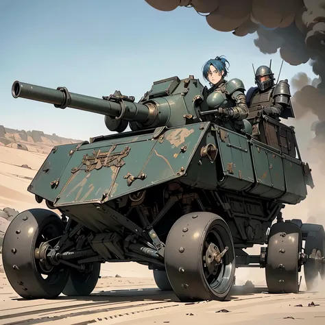 nsfw, anime screencap, 16K, perfect anatomy proportion body, perfect hands, action, A dynamic composition with a sense of speed and movement, (open cockpit, Ride a heavily armored steam-powered military buggy:1.6), a wife, 40age, perfect beautiful delicate...