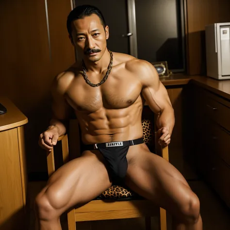 40 years old，Hidetoshi Nakata，（Kogoro Mori 1.3），whole body，Body，rope，tie，Tied to a chair，Covered in sweat，Chain，entangle，pain，Dog leash，leader，Lean，muscle，Suit，office，black，sock，Thick body hair，Leopard print underwear，Topless，Fortitude，HD，With a mustache