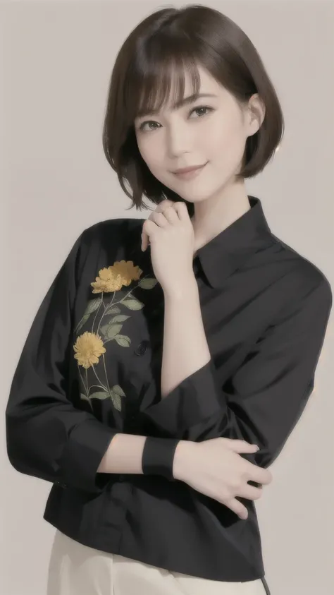 280 (20-year-old woman,short hair) , flower, Futuristic clothing, Work clothes, Old-fashioned smile , Many colors