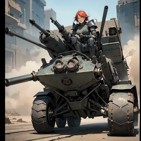 nsfw, anime screencap, 16K, perfect anatomy proportion body, perfect hands, action, A dynamic composition with a sense of speed and movement, (open cockpit, Ride a heavily armored steam-powered military buggy:1.6), a wife, 40age, perfect beautiful delicate...