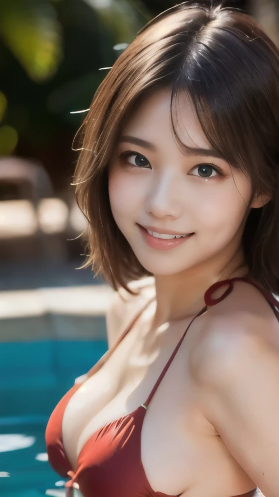 8k,Highest quality,(masterpiece:1.2),(Realistic),(Realistic:1.37),Ultra-high resolution,1 female college student,Wavy Hair,Beautiful Eyes,Beautiful teeth alignment, Well-formed fingers,Tropical Pool,(((Cute Bikini))),Big Breasts,Perfect body,Perfect Finger...