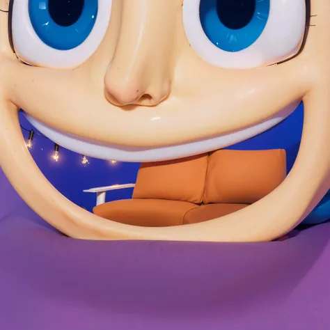 sofa The image shows a round, emoji-like face with big, wide blue eyes and a cheerful, open-mouthed smile. The character has bright blue, textured hair with a small chimney made of blue bricks sticking out from the top, continuing the playful "house" theme...