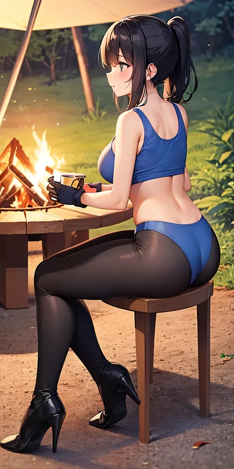 1 girl, black hair, ponytail, night, sit on chair, campfire, in the forest, camping, with black tank top, black legging, blue gloves, (blue panties on the outside the black legging), blue heels boots, medium breast, voluptuous, thicc, red cheeks, embarrass...